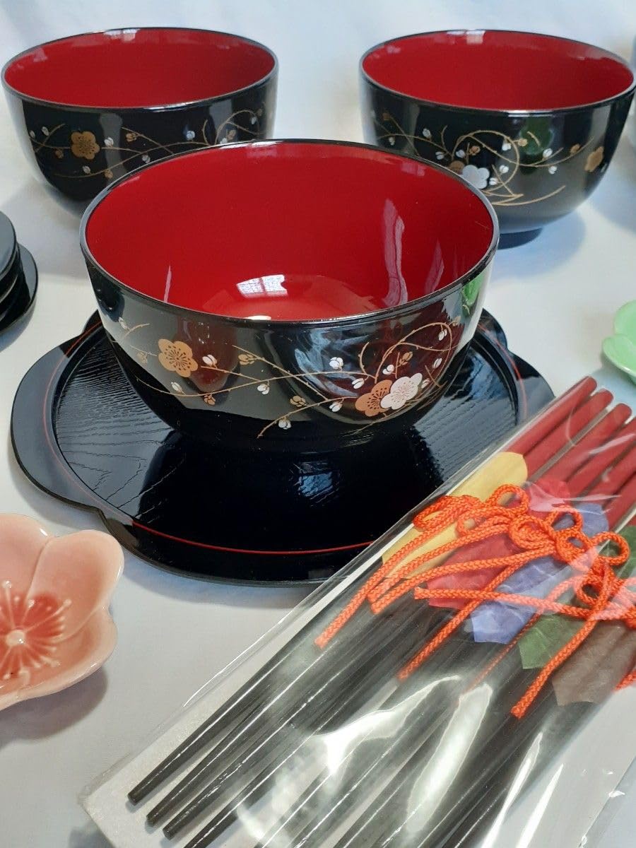Amazon.co.jp: 漆器 汁椀 丼 小盆 お箸 5膳セット 梅型 梅柄 お盆 小皿